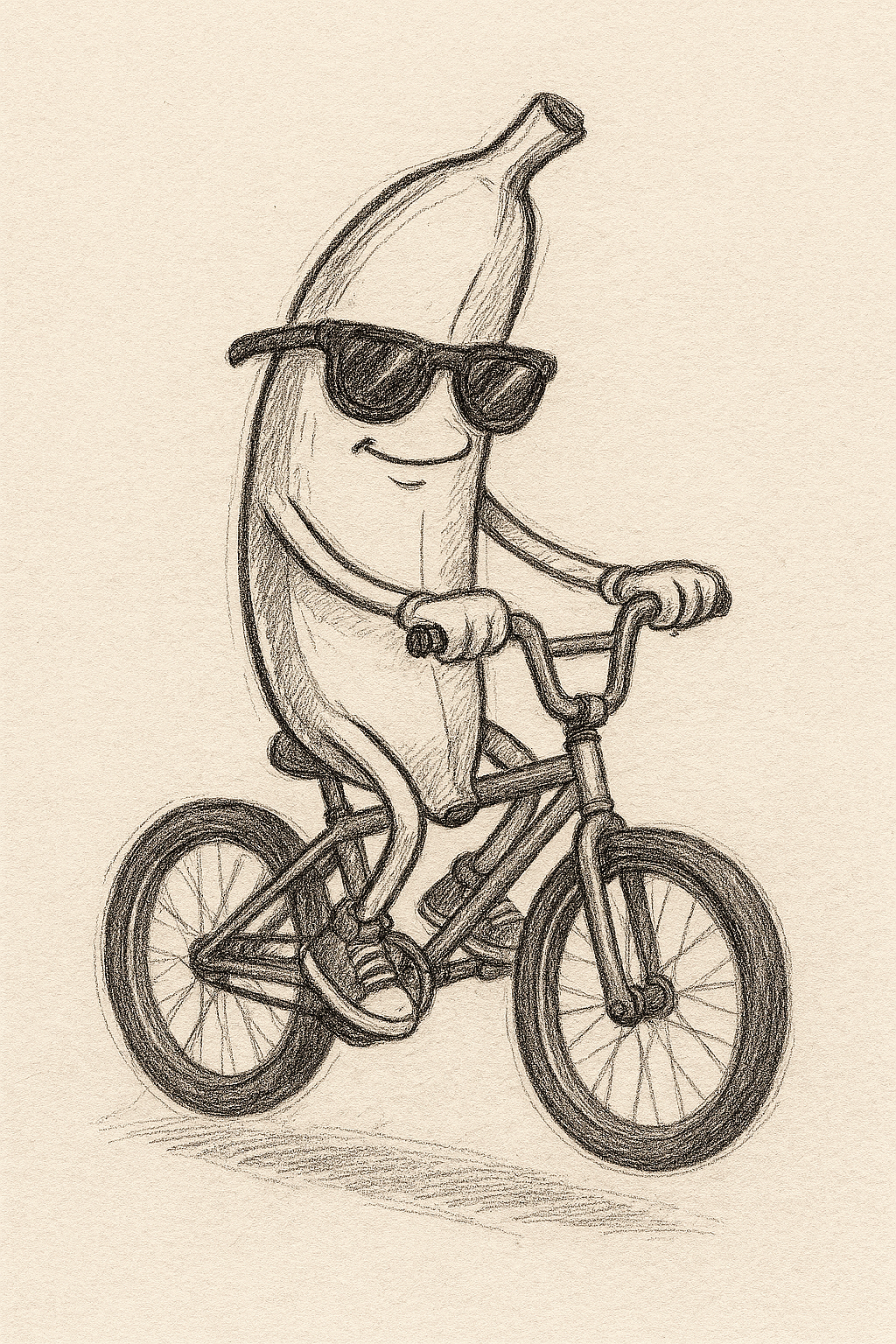 Silly drawing of an animated banana on a bicycle