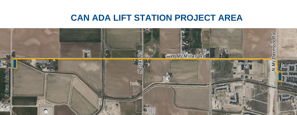 Can Ada Lift Station Project area map with a gold line from N Can Ada Rd to N McDermott Rd on W McMillian Rd